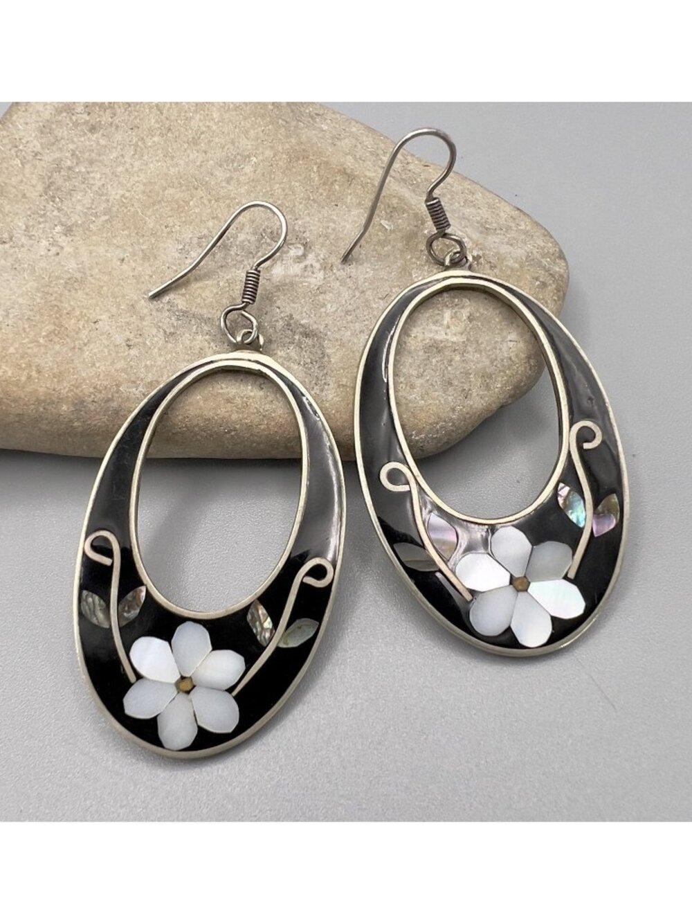 Vintage Alpaca Mexico Silver Abalone Shell Inlay Dangle Earrings